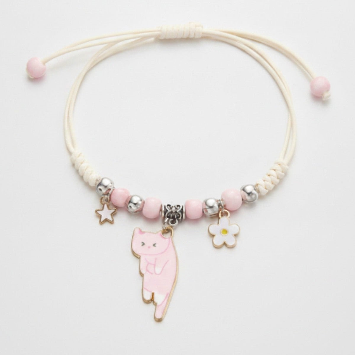 Beaded Cat Charm Bracelet with Flower - Lazy Cat Pink – jewelry (view 1)