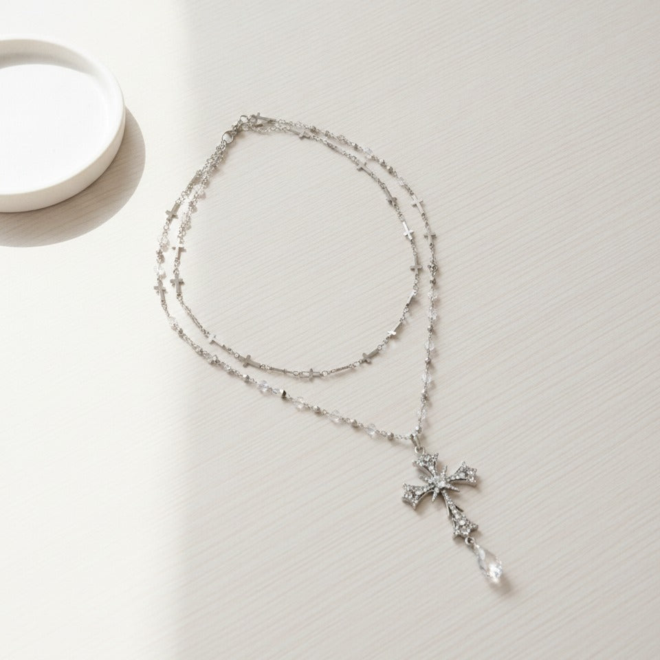 Layered Cross Crystal Pendant Necklace - Silver