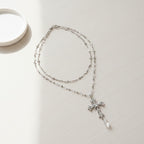 Layered Cross Crystal Pendant Necklace - Silver