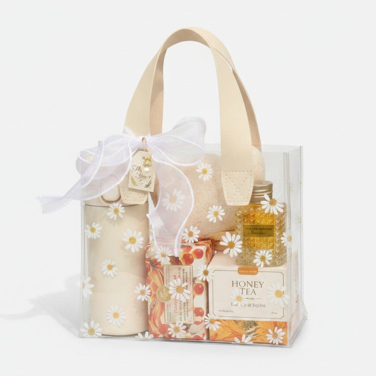 Daisy Clear PVC Gift Bag with Handle - Cream Daisy + Fish Tail Tulle + Pearl (Large 25×23×14.5cm) – apparel accessories (view 1)
