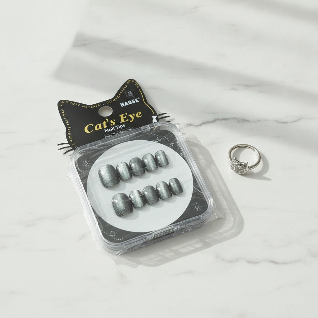 Cat's Eye Nail Tips Press-On Set - Silver Shimmer