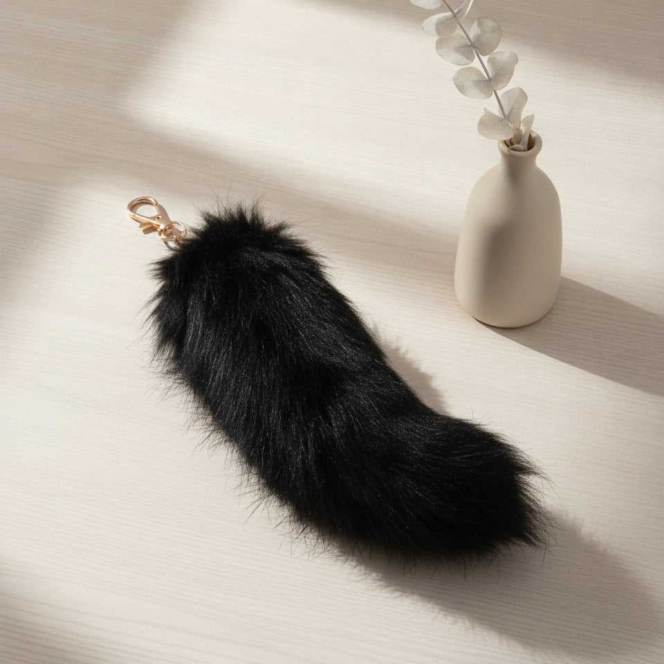 Fluffy Faux Fur Tail Keychain - Black