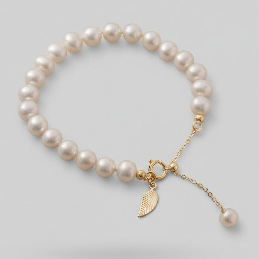Pearl Beaded Bracelet With Gold Leaf Charm – jewelry (view 1)