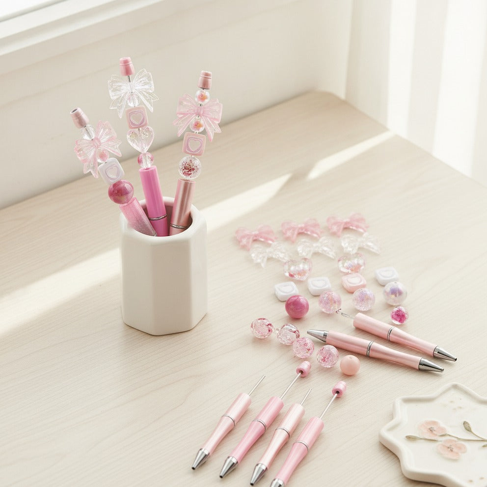 Customizable Bead Pen & Charm Set - Pink Ribbon
