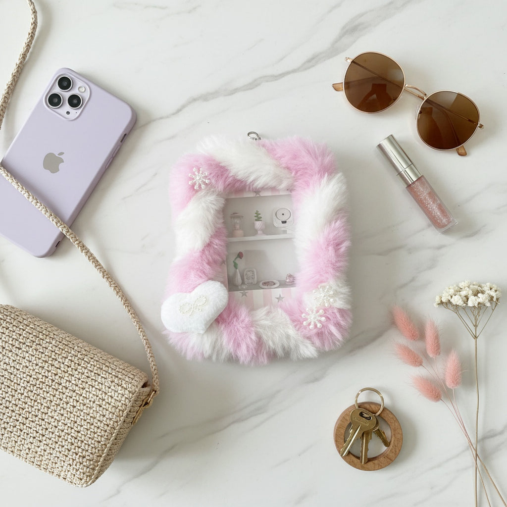 Fuzzy Pink & White Heart Charm Keychain Pink & White