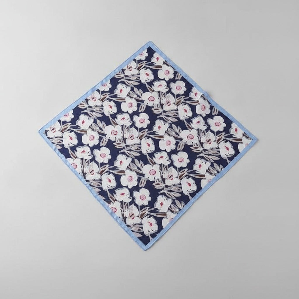Floral Silk Square Scarf - Navy & Blue