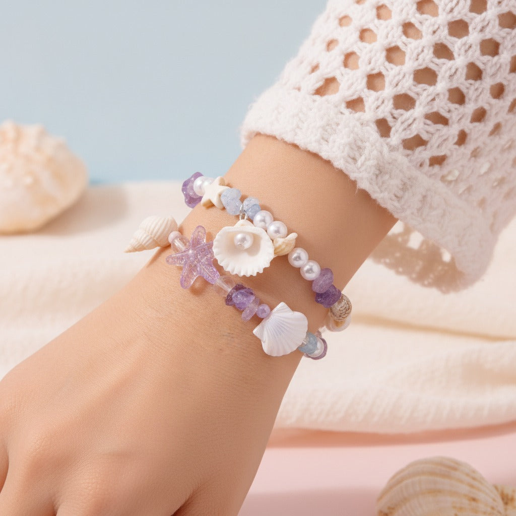 Beaded Shell Charm Bracelet - Lavender Mix