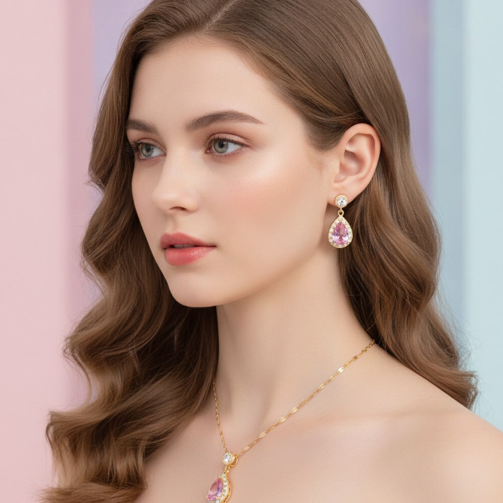 Pink Crystal Drop Jewelry Duo - Gold