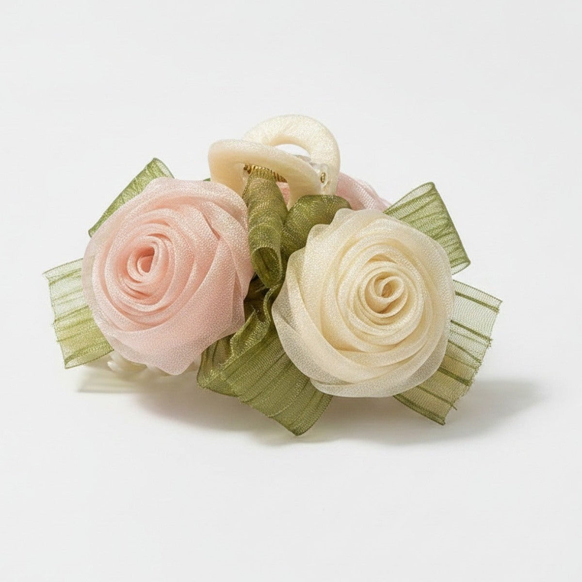 Rose Flower Hair Claw Clip With Ribbon Bow - Champagne Rose Hair Claw 11cm – hair accessories (view 1)