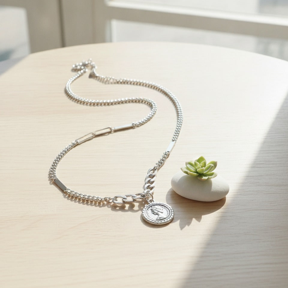 Coin Portrait Pendant Necklace - Silver