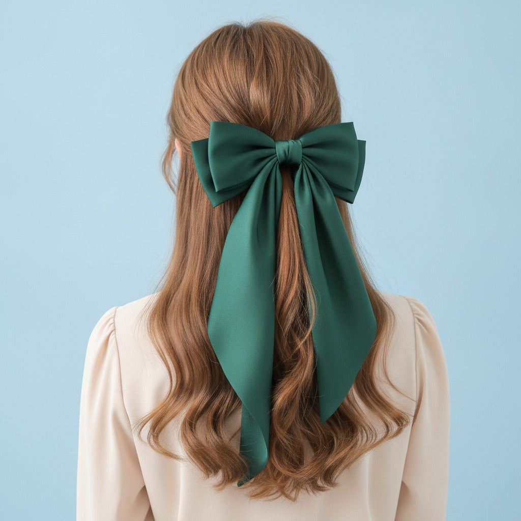 Silky Bow Hair Claw - Dark Green