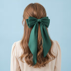 Silky Bow Hair Claw - Dark Green