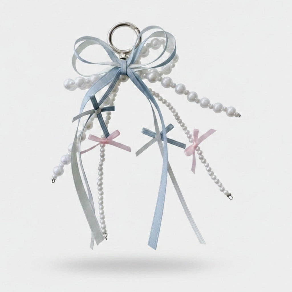 Elegant Ribbon Pearl Keychain with Bows - M390 Blue – novelty & toys (view 1)