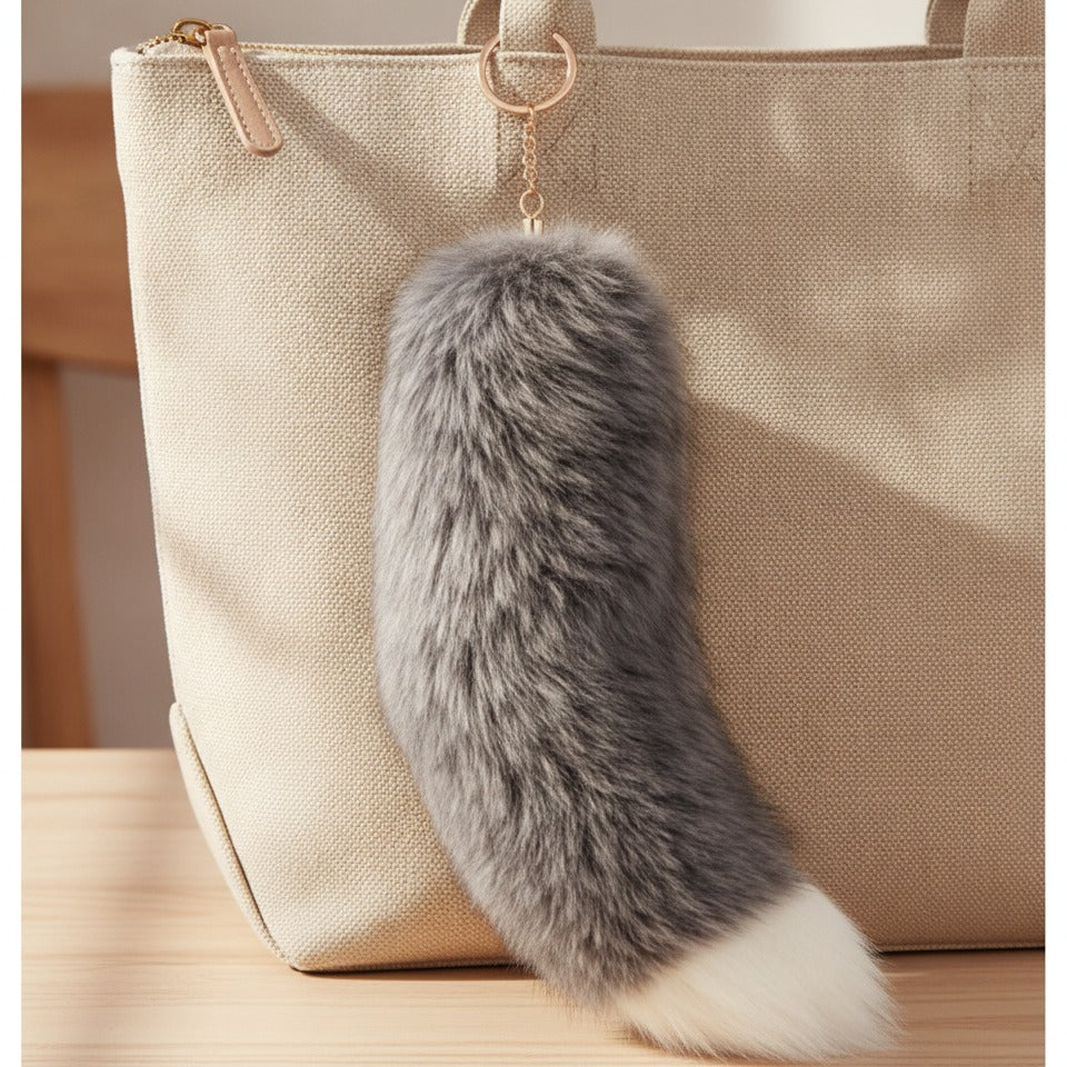 Fluffy Faux Fur Tail Keychain - Silver Blue