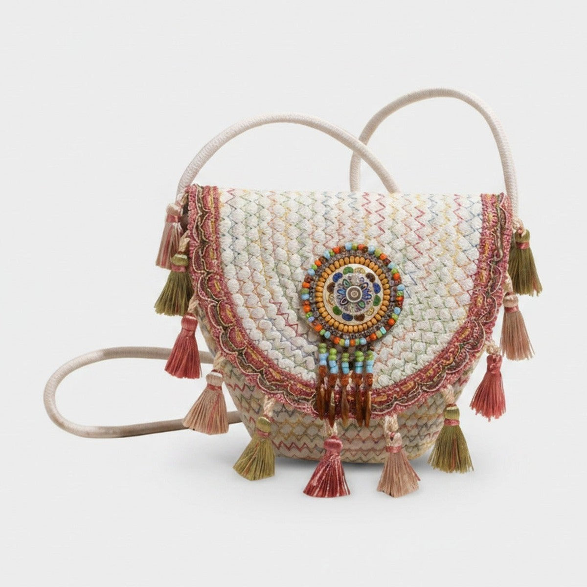 Beaded Boho Crossbody Bag With Tassel Fringe - White Pink Colorblock – apparel accessories (view 1)
