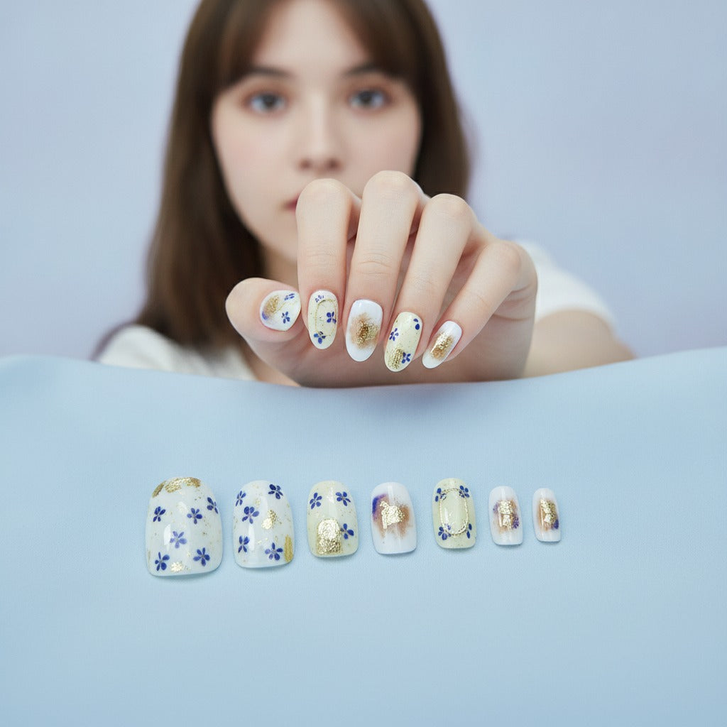 Pressed Flower Nail Art Set - Cream & Gold Floral