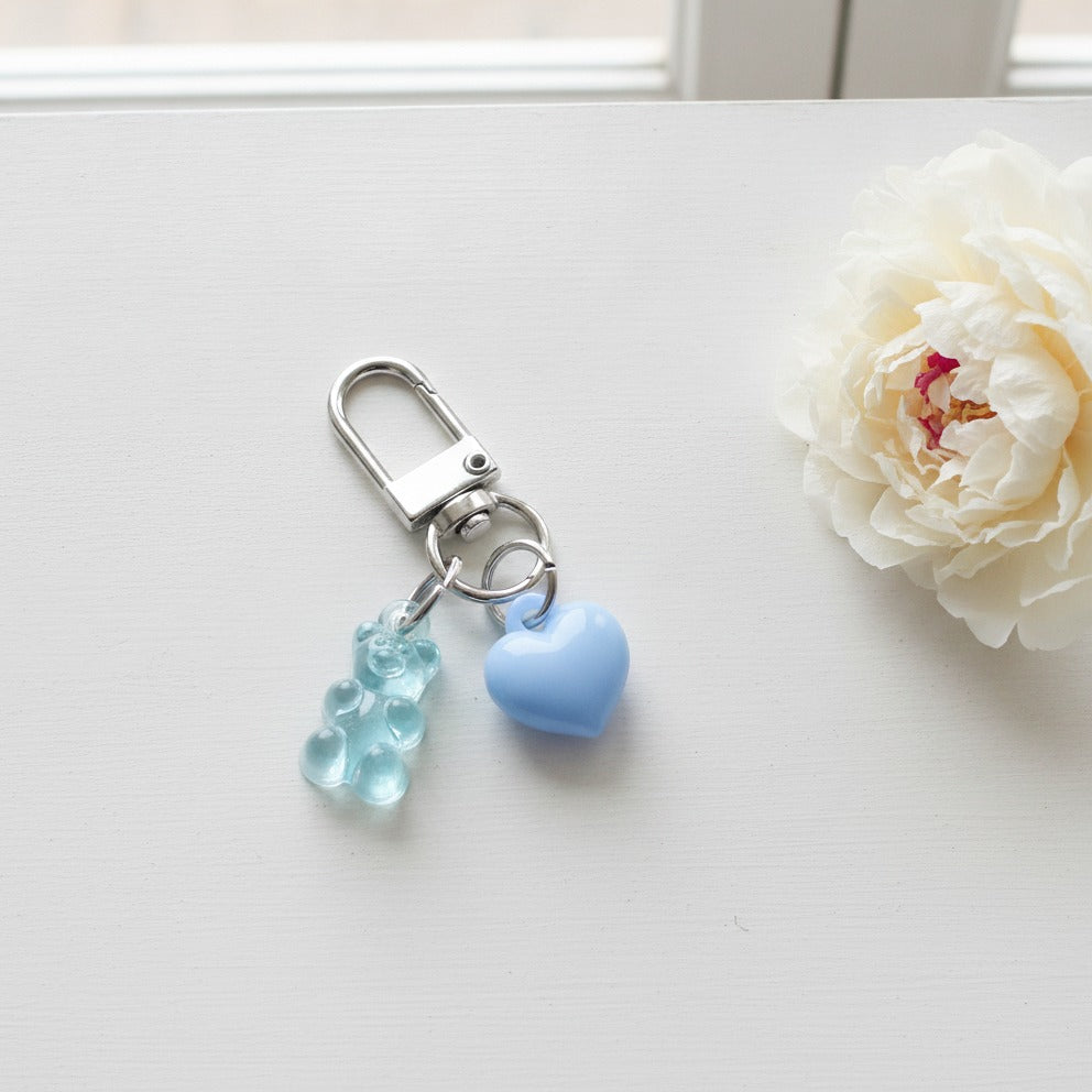 Beaded Bear & Heart Charm Keychain - Clear Bear & Blue Heart