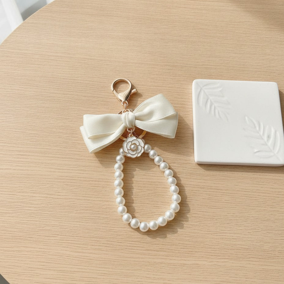 Pearl Bow Charm Keychain - White