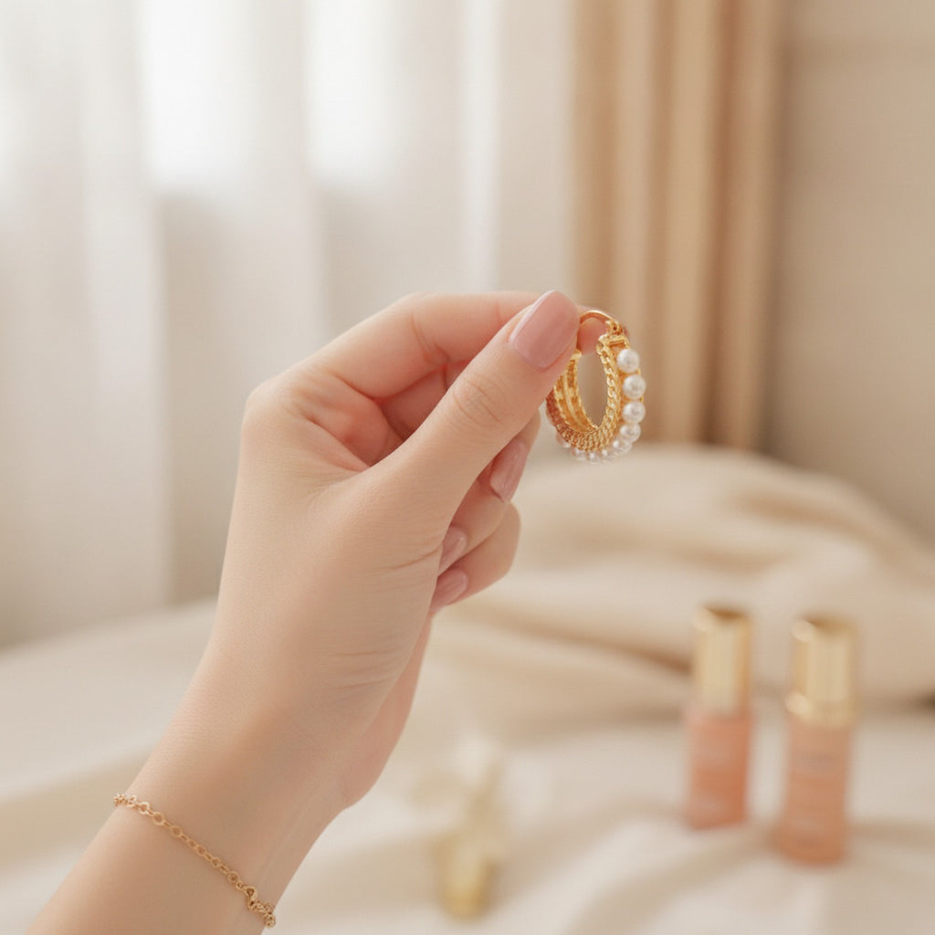 Pearl & Gold Textured Hoop Earrings Gold