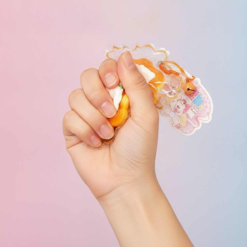 Fruit Tart Squishy Charm - Pink Peach Tart - squeeze in hand
