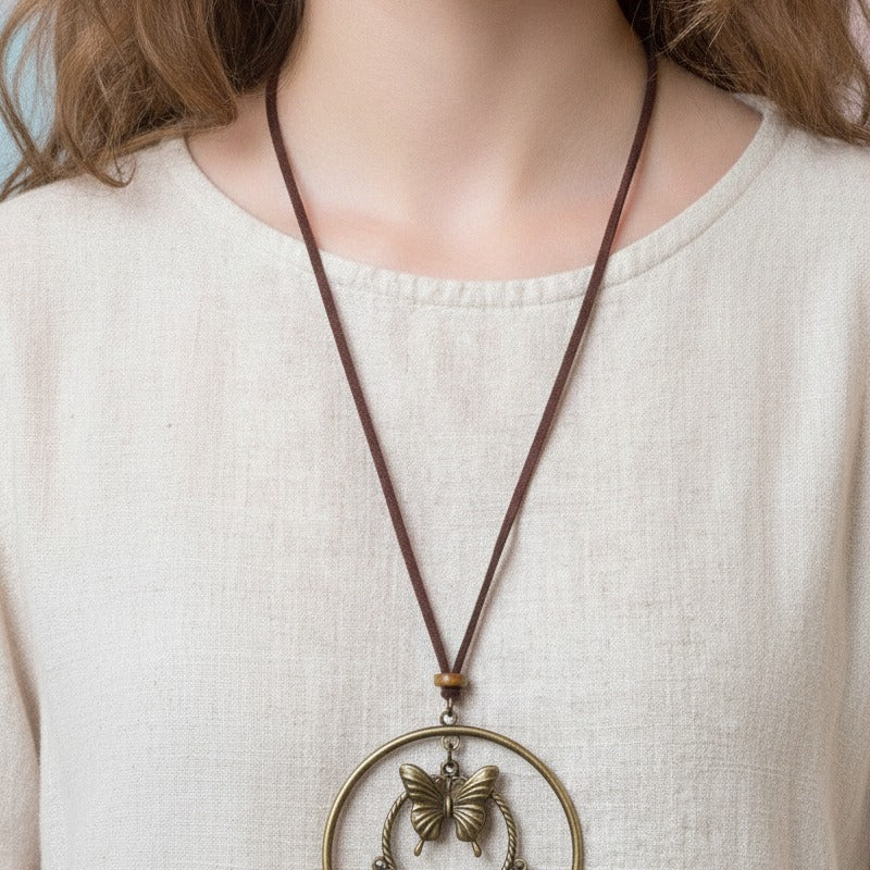 Butterfly Oval Pendant Necklace - Antique Bronze