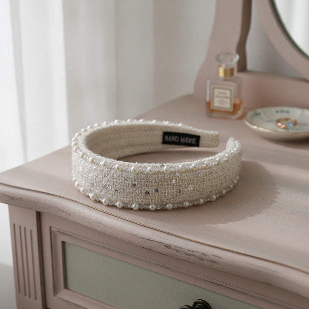 Pearl Embellished Padded Headband - Beige