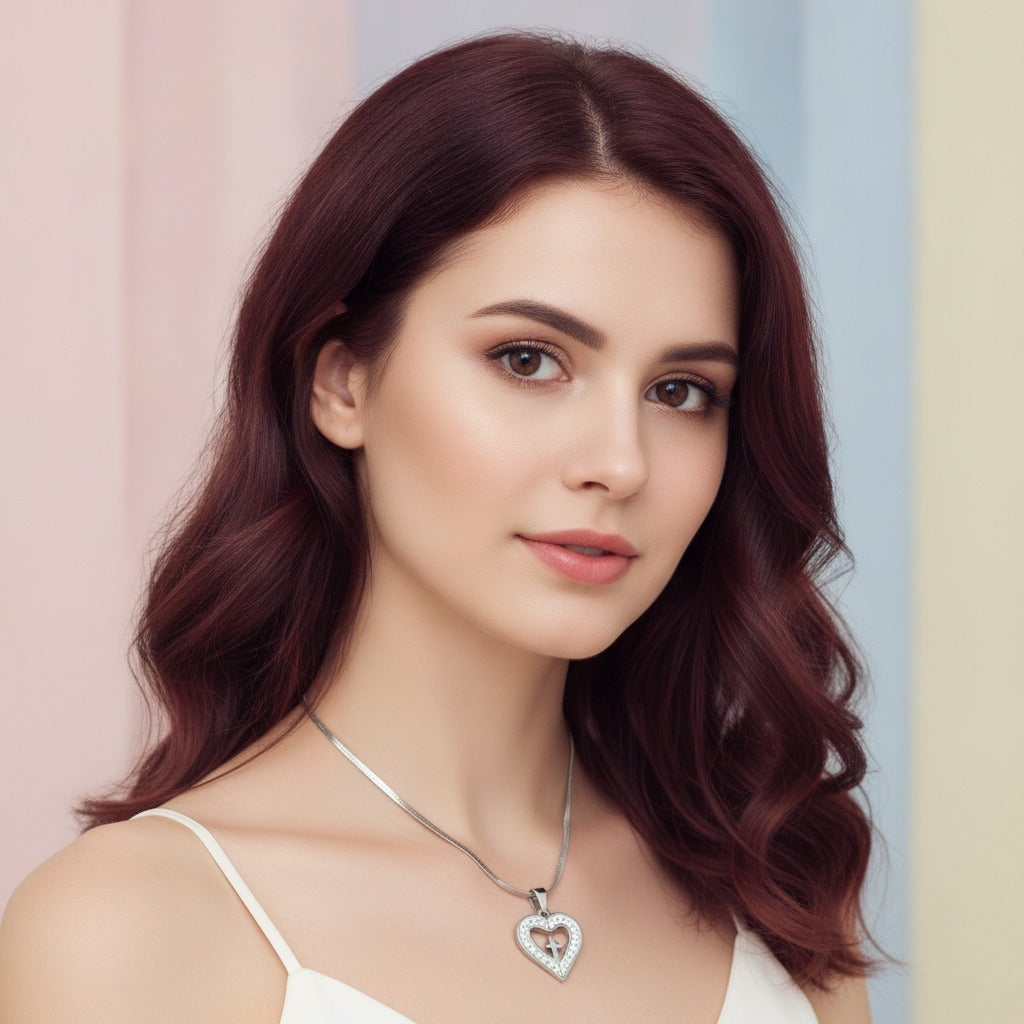 Rhinestone Heart Cross Pendant Necklace - Silver