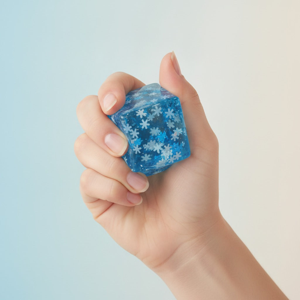 Glitter Snowflake Cube Stress Squeeze Ball - squeeze in hand