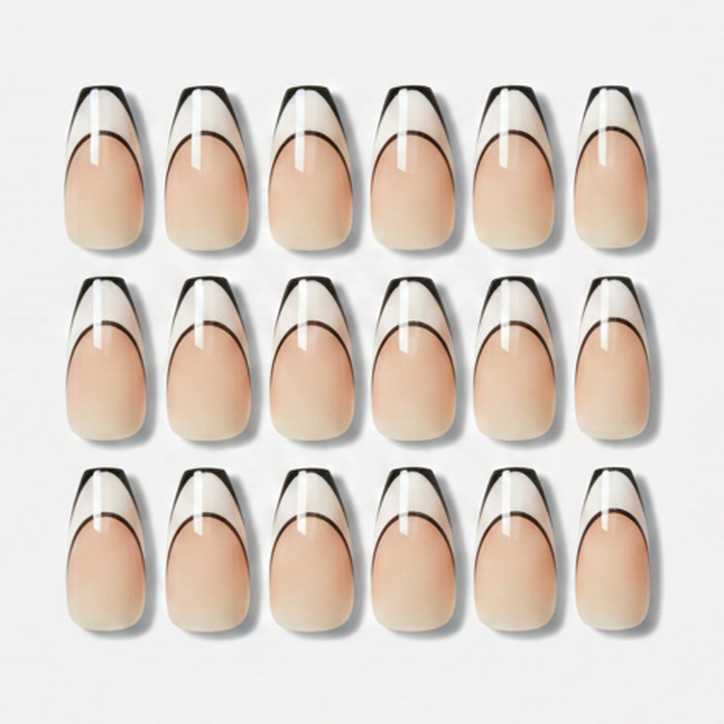 Chic Oval Press-On Nails Set - Nude & Black Outline