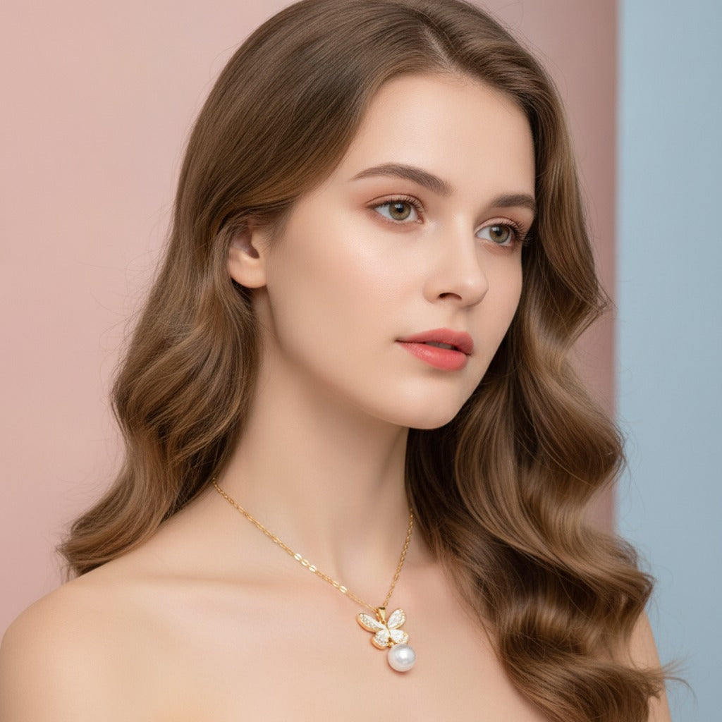 Butterfly Pearl Drop Necklace - Gold