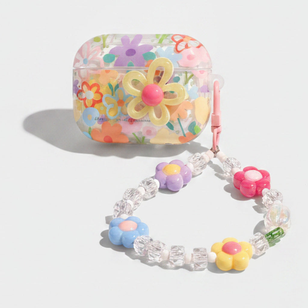 Floral Charm Earbud Case with Beaded Chain - Pastel Floral (for AirPods Pro 3)
