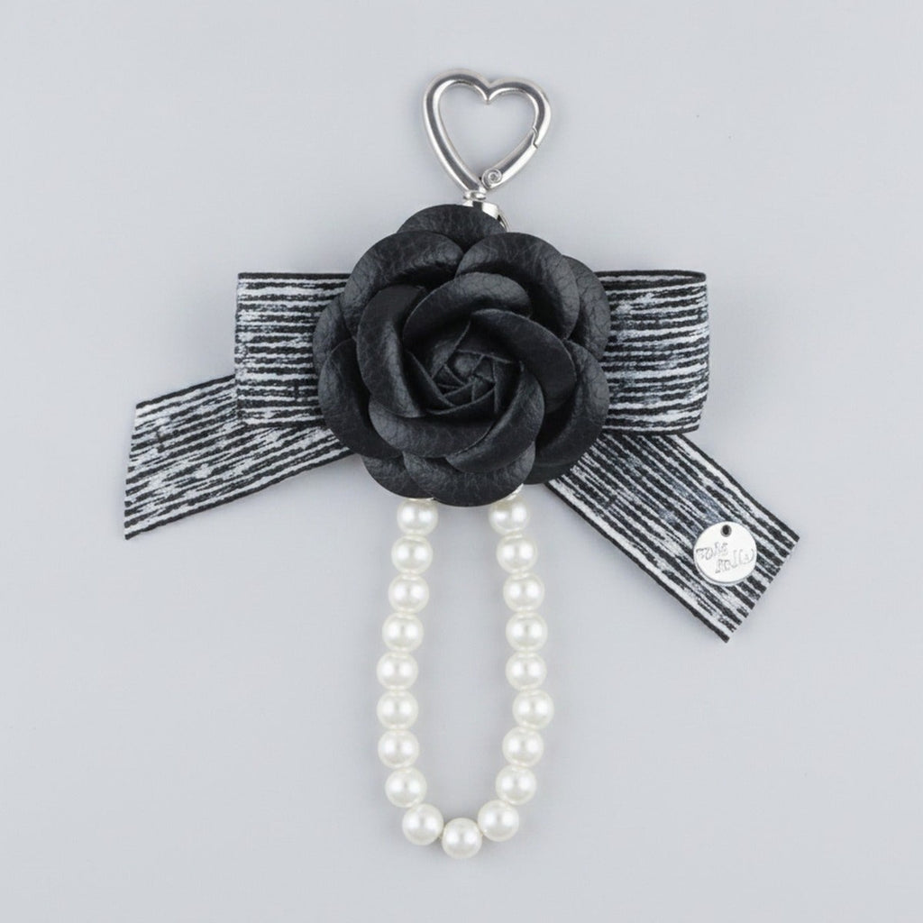 Rose Bow Pearl Bag Charm - Black Rose