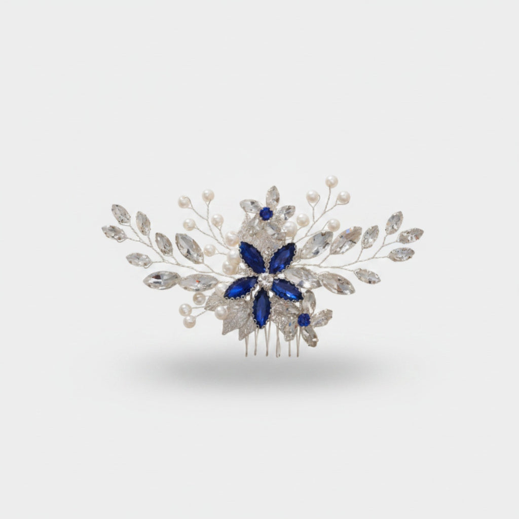 Crystal Floral Hair Comb Silver Blue Diamond