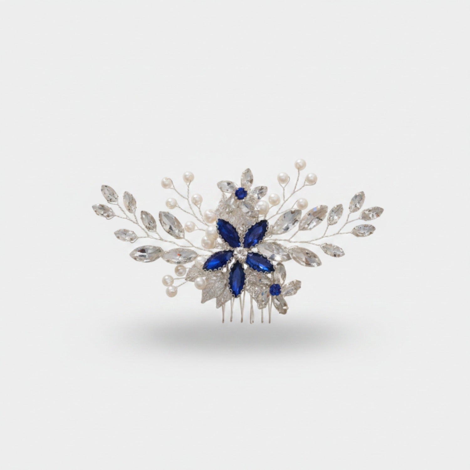 Crystal Floral Hair Comb Silver Blue Diamond