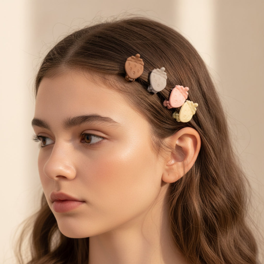 Blue Flower Hair Clips Set Tan Strawberry