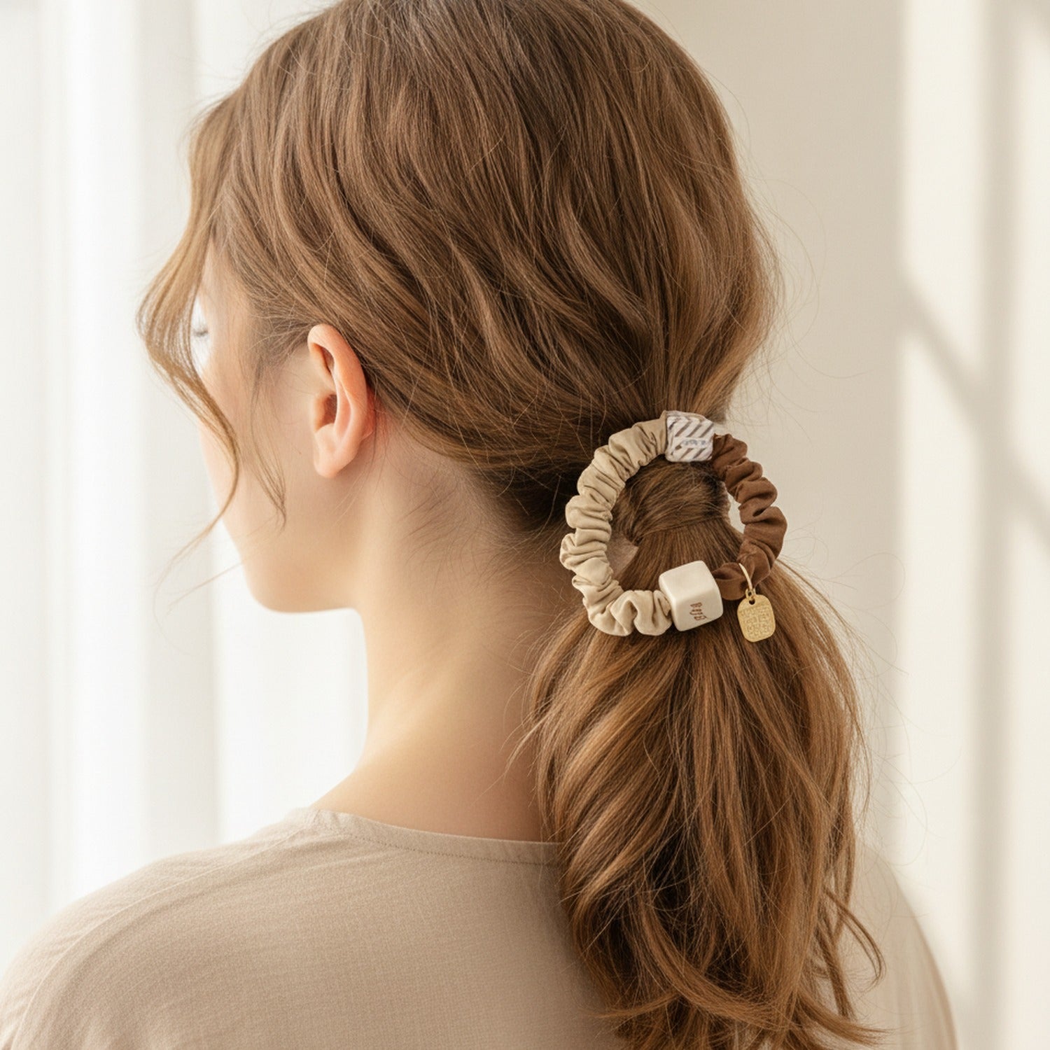 Ruched Scrunchie Duo With Charms Cream & Brown