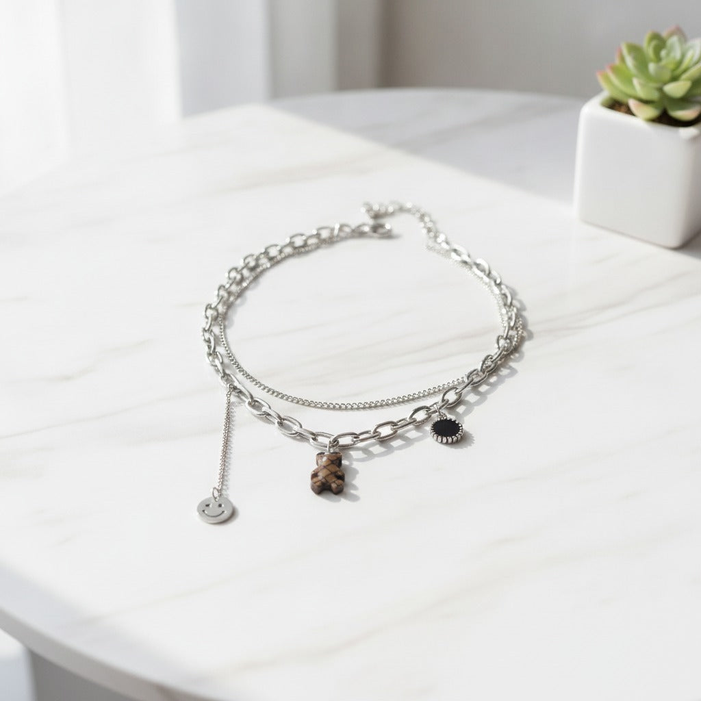 Layered Charm Chain Necklace - Silver