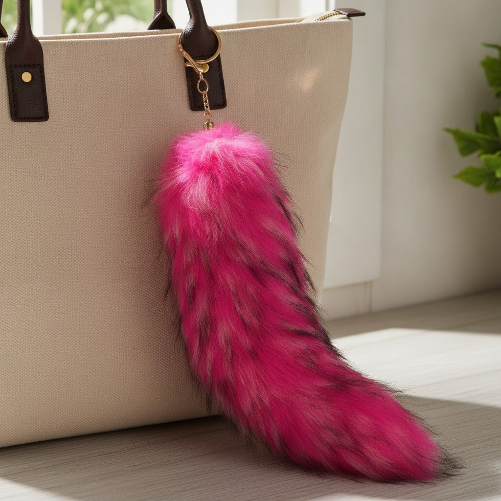 Fluffy Faux Fur Tail Keychain - Hot Pink