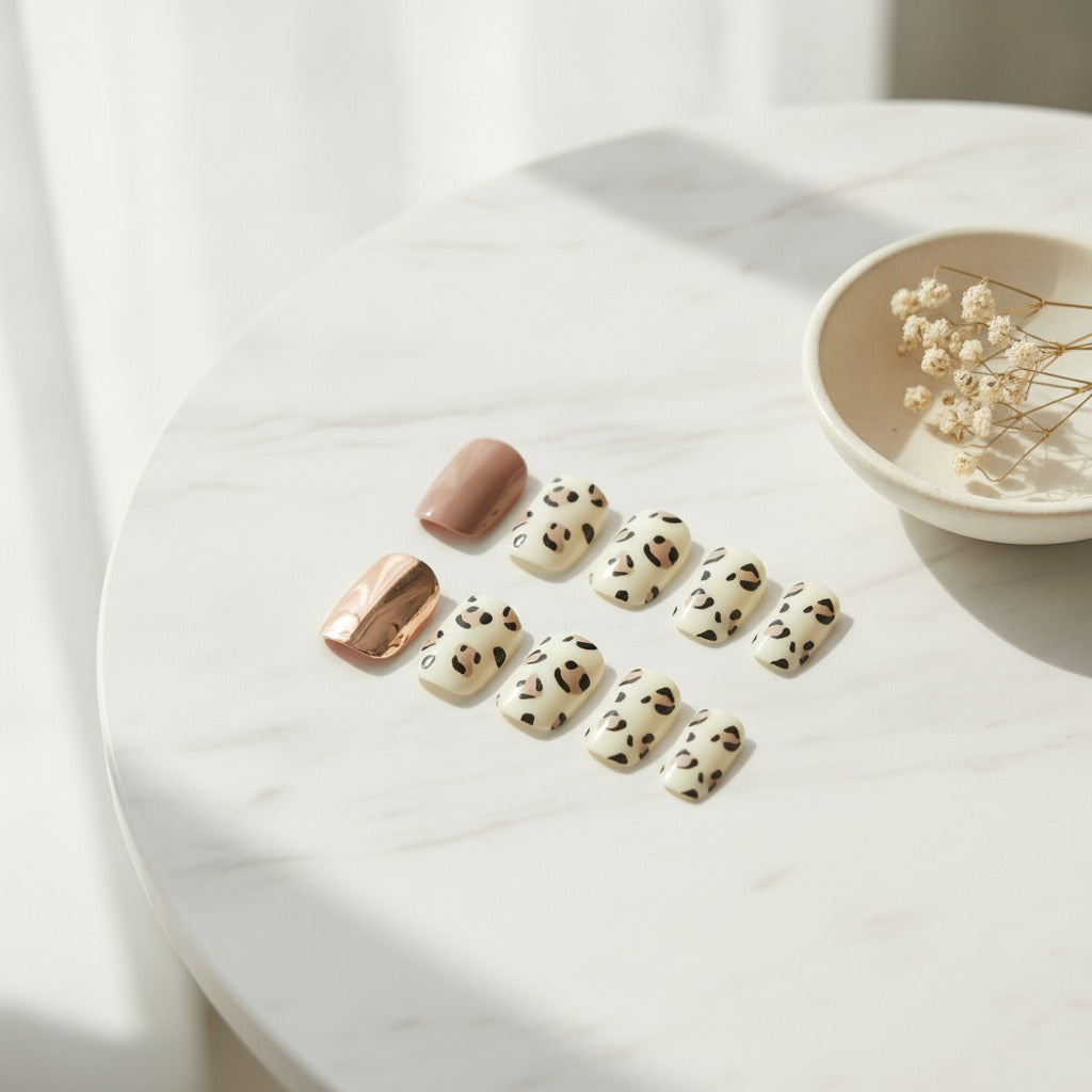 Leopard Print Nail Ring Set - Leopard & Rose Gold