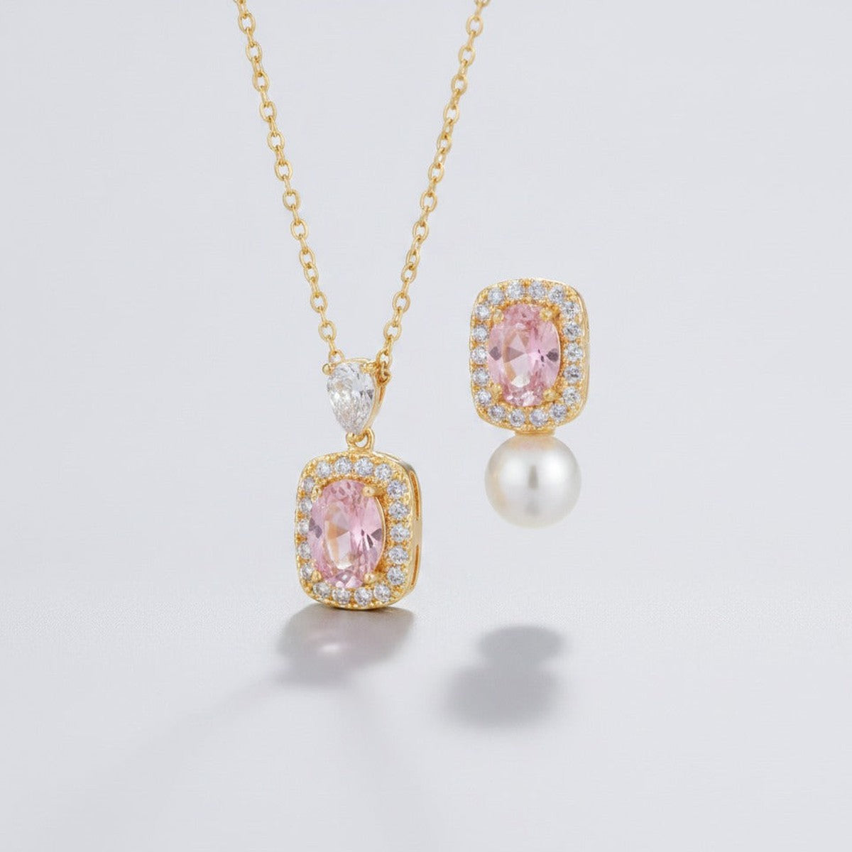 Pink Gem & Pearl Jewelry Set - Gold