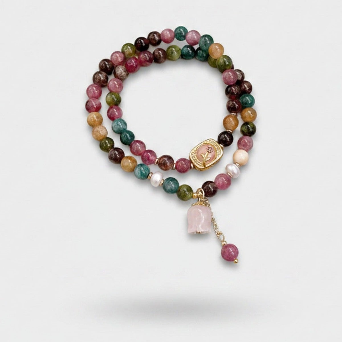 Tourmaline Beaded Bracelet With Rose Quartz Charm – jewelry (view 1)