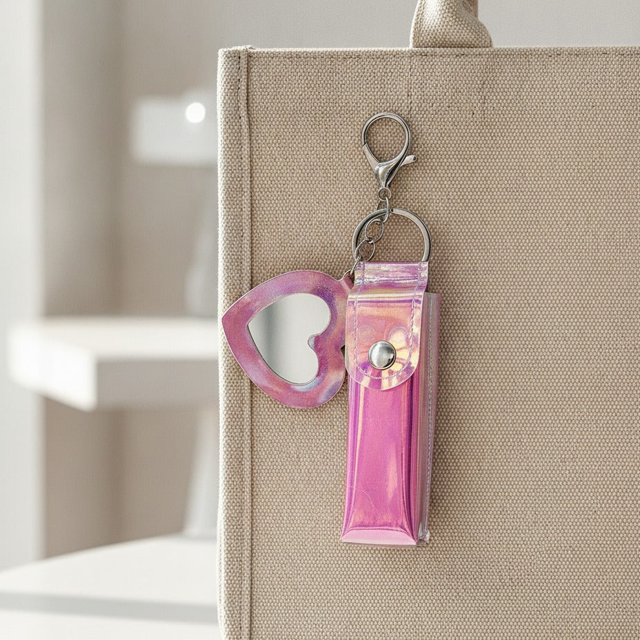 Holographic Heart Charm Keychain - Pink