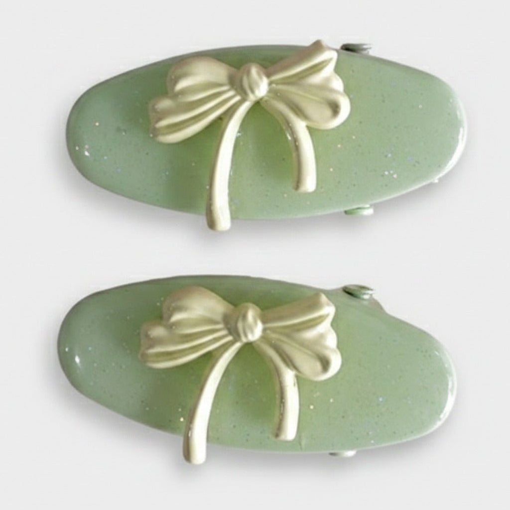 Sage Green Bow Hair Clips Pair – hair accessories (view 1)