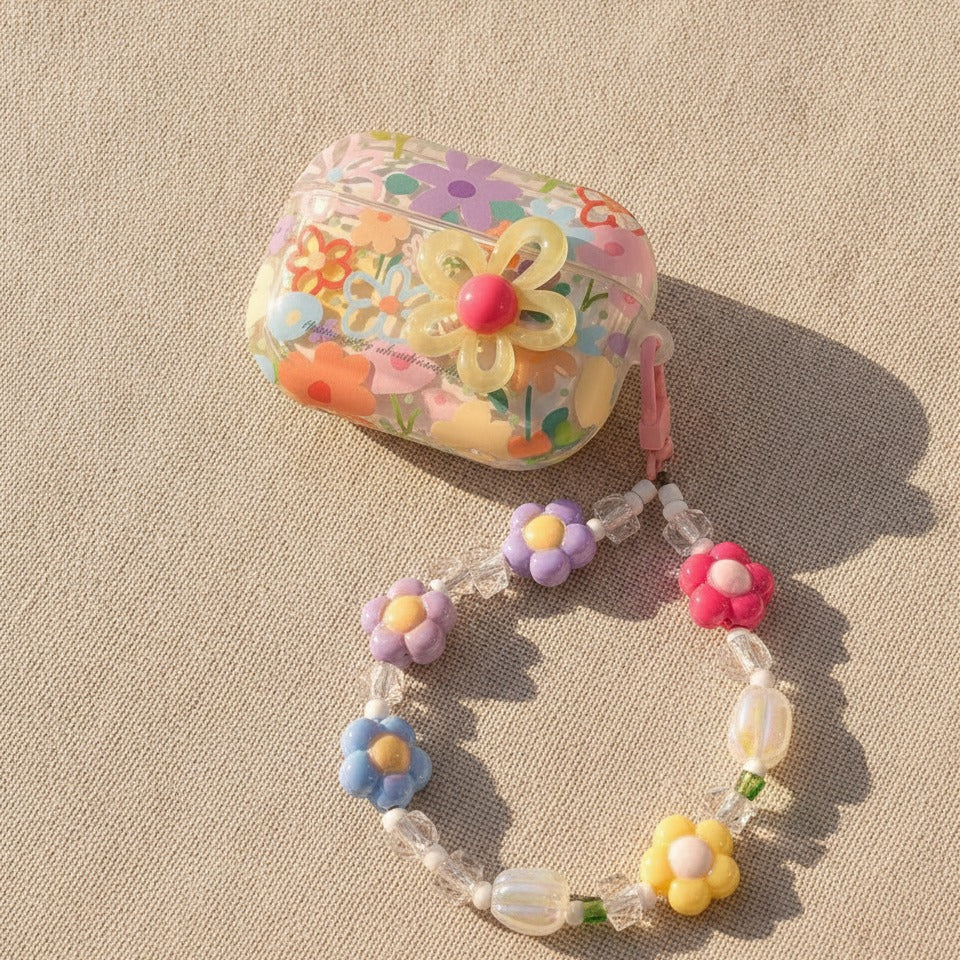 Floral Charm Earbud Case with Beaded Chain - Pastel Floral (for AirPods Pro 2)