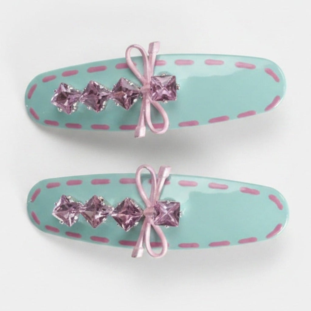Mint Glitter Bow Hair Clips Rhinestone Set – hair accessories (view 1)