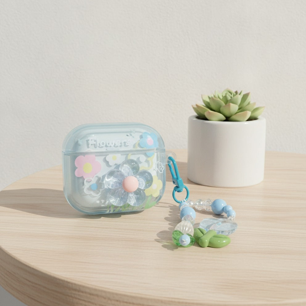3D Flower AirPods Case with Beaded Charm - Blue Floral (for AirPods 4)