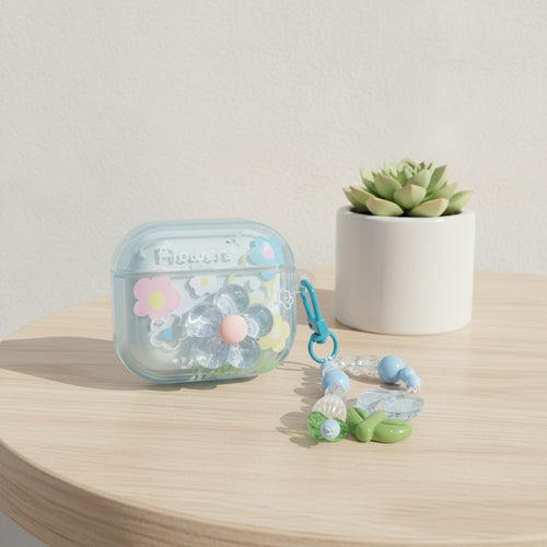 3D Flower AirPods Case with Beaded Charm - Blue Floral (for AirPods 4)