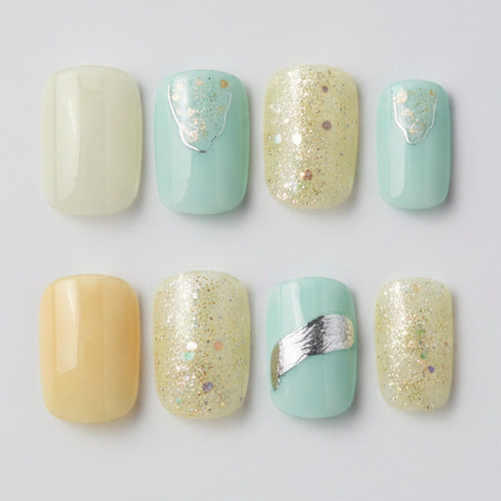 Pastel Glitter Press-On Nail Set - Mint & Cream