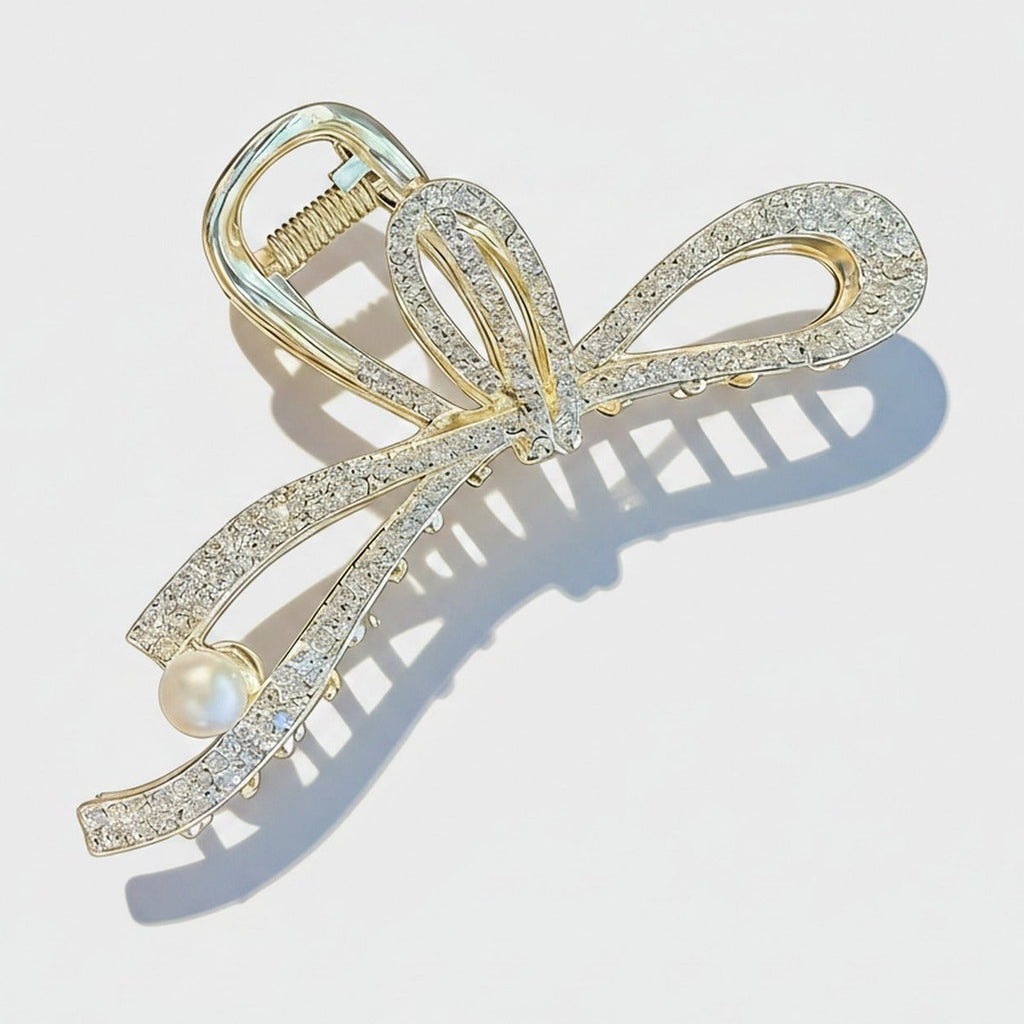 Rhinestone Bow Pearl Hair Claw Clip Gold – hair accessories (view 1)