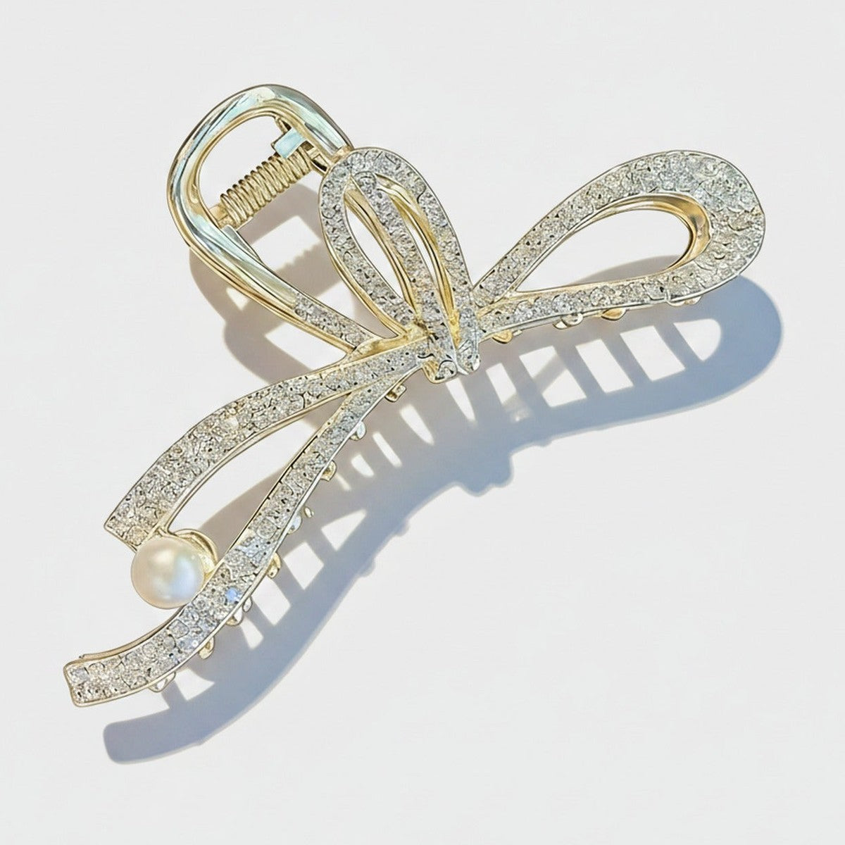 Rhinestone Bow Pearl Hair Claw Clip Gold – hair accessories (view 1)